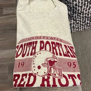 White and red t-shirt.  South Portland Red Riots Maine State Football Champions.